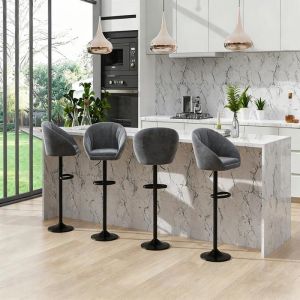 Lot de 4 Tabouret de Bar PIPIPOXERChaise de Bar en Velours et R&eacute;glable en HauteurTabouret de Cuisine Rotatif42x30x58-80cmGris