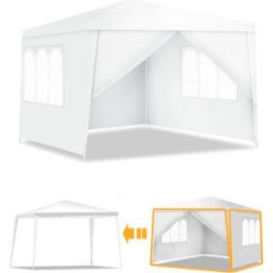 COSTWAY Tonnelle de Jardin Chapiteau 3x3m-4 Parois Amovibles-en Tissu PE Imperméable-2 Fenêtres Transparentes-Fête,Mariage,BBQ-Blanc