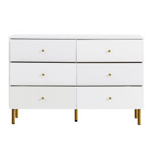 Commode Blanche Moderne 6 Tiroirs Poign&eacute;es Zinc Pieds Acier Mdf 120&times;40&times;78 Cm Pour Chambre.
