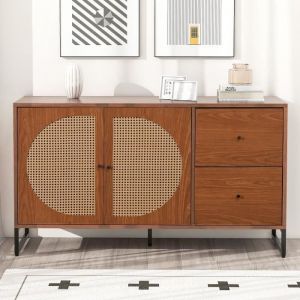 Buffet avec Placard 2 Portes+2 tiroirs-Style scandinave-Buffet Bas-Commode Armoire salon-130x40x75cm-Bois et métal -Noyer