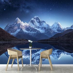Papier Peint Panoramique 300&times;210cm Ciel &Eacute;toil&eacute; Montagnes Enneig&eacute;es Lac 3D Moderne Papier Peint pour Salon Chambre D&eacute;coration Murale