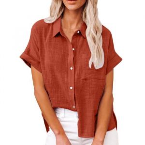 Chemise Manches courtes Femme en Coton Lin Respirante Couleur unie Casual - Orange Rouge - INSFITY - MP197680527