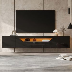Meuble TV Suspendu 180 cm avec LED Meuble TV Noir Laqué Meuble TV Scandinave Pas Cher 3 Compartiments Télé Jusquà 75 Pouces