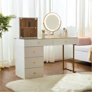 Ensemble Coiffeuse avec Miroir LED à luminosité réglable et 5 tiroirs Plateau Transparent en Verre trempé 120 x 45 x 115 cm