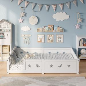 Lit Cabane Enfant 120x200cm en Bois Massif  avec Barrières de Sécurité  pour Chambre Fille et Garçon  Sommier Inclus