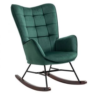 MEUBLES COSY Fauteuil &agrave; bascule allaitement scandinave avec accoudoirs en velours vert fonc&eacute; &agrave; surpiq&ucirc;res - FUNKEL