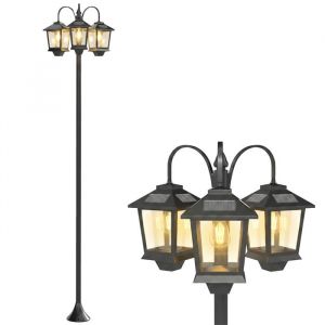 Lampadaire ext&eacute;rieur solaire - Outsunny - 3 t&ecirc;tes - capteur automatique cr&eacute;puscule &agrave; laube IP44 - aluminium - 188cm - noir