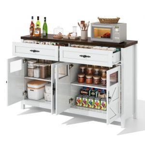 Buffet 140 cm meuble de rangement salle &agrave; manger avec 2 portes vitr&eacute;es et 2 tiroirs MDF blanc et noyer