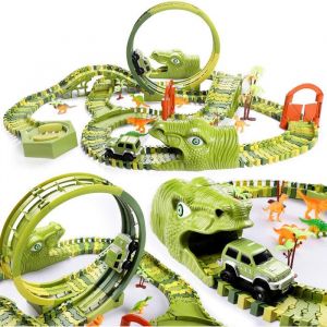Voiture Dinosaure &Eacute;lectrique - Circuit 240+29 Pi&egrave;ces Avec Tunnel Pont Et Mini Voitures - Jouet DIY Modulaire Avec Dinosaure