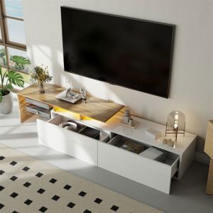 Meuble TV 170&times;33&times;33 cm blanc laqu&eacute; et bois naturel avec &eacute;tag&egrave;res en verre et &eacute;clairage LED &ndash; style moderne