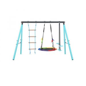 SogesHome Balancoire-Portique Métal 3-8 Ans Ensemble Jeux avec Tyrolienne Escalade & Balançoire Réglable Bleu