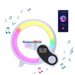 Hiba&reg; Enceinte Bluetooth Veilleuses Lampe de Chevet avec Chargeur Sans Fil 15W R&eacute;veil RVB num&eacute;rique pour chambre/d&eacute;cor de salon