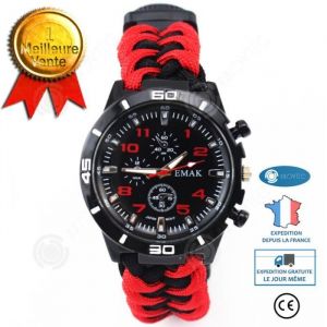 Montre multifonction de survie - INNOVTEC - Tress&eacute;e en corde - &Eacute;tanche - Boussole - Thermom&egrave;tre - Silex - Rouge - Mixte