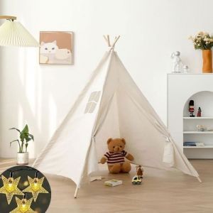 Tipi Tente pour Enfants avec LumièresMaison CabaneBlanc Toile Jouent Tente-Jouets Tipi Exterieur Enfant pour Filles et Garçons