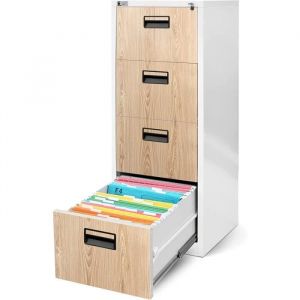 Armoire Classeur pour Dossiers avec 4 Tiroirs Armoire de Bureau Metallique 132 cm x 46 cm x 62 cm (Blanc/Imitation Bois)