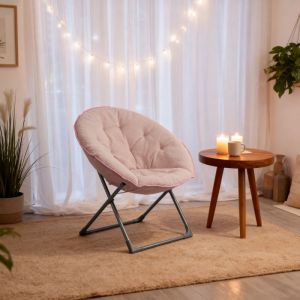 Fauteuil 80x80x37 cm lune pliant assise ronde tissu m&eacute;tal rose