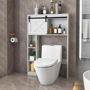 GIANTEX Meuble Dessus Toilettes WC avec Porte Coulissante+4 Étagères, Meuble/Colonne Salle de Bain Scandinave,84x17x128 CM,Blanc