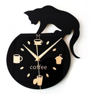 Horloge murale style dessin anim avec visuel de chat qui grimpe tasse caf et inscription Coffee Label YYV