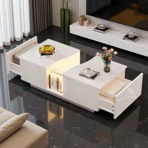 Table Basse LED - Novélys - 100x50cm - RGB via App & 2 Tiroirs - Table de Salon Design Blanc Laqué