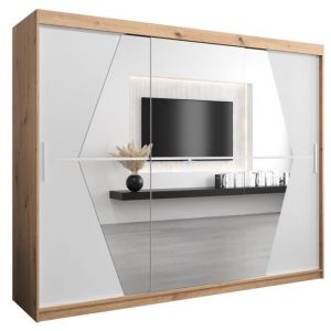 ABIKSMEBLE Boliwia 250 Armoire à Trois Portes Coulissantes  avec Miroir Tringle et Étagères 250x200x62 cm Artisan et Blanc