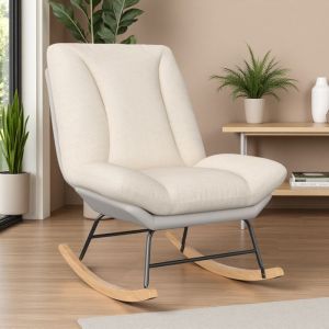 Fauteuil &agrave; bascule - Rocking chair - Chaises &agrave; bascule - Fauteuil r&eacute;glable - Pieds en bois - Tissu beige - Pour salon chambre