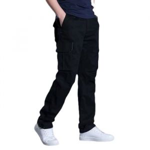 Pantalon Cargo Homme Regular Droit Multipoches Taille Elastique Pantalon de Travail en Coton Couleur Unie - Noir