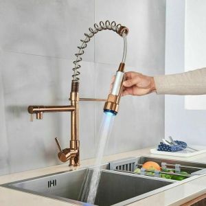 Robinet de Cuisine LED  - avec Ressort en Spirale - Pivotants &agrave; 360&deg; - Robinet Mitigeur Cuisine Douchette - Or rose