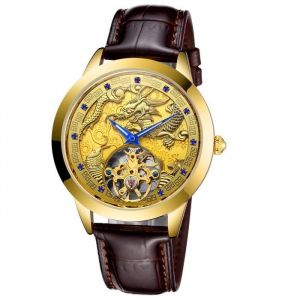 Montre homme de marque de luxe m&eacute;canique automatique cadran squelette mode dragon poisson &eacute;tanche bracelet en cuir dor&eacute;