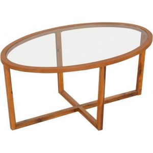 GOPLUS Table Basse Ovale Vintage avec Plateau Verre Trempé et Cadre Bois dAcacia-Charge 50KG -118x715x475cm Noyer