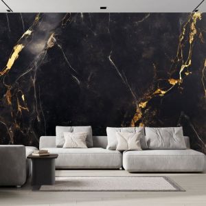 Papier Peint Panoramique Noir Marbre À Rayures Dorées Écoulement Tourbillonnaire 350×256 cm Papier Peint 3D Salon Décor Murale