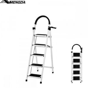 &Eacute;chelle pliante en m&eacute;tal-Escabeau 5 marches-Escabeau &agrave; barreaux-Pliant -Acier-maximale 150 kg-Avec P&eacute;dale Antid&eacute;rapante-Blanc