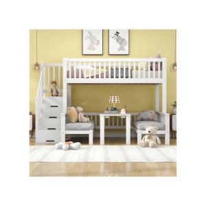 Lit mezzanine enfant 90x200cm&120x200cm avec escalier de rangementblanc MDF-HAUSS SPOLE