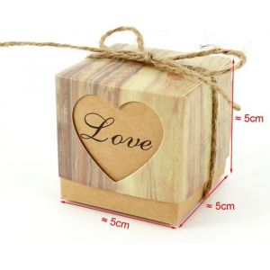 100x Boîte à dragées 5cm en papier kraft couvercle Coeur Love kraft + cordon jute bonbonnière faveur cadeau pour mariage