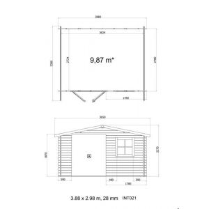 Abri de jardin - INT043 - Bois trait&eacute; - 28 mm - Surface utile 9.87 m&sup2; - Double porte vitr&eacute;e