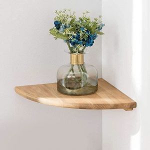 Étagère Murale Flottante d’angle en chêne rustique avec extrémité arrondie pour haut-parleurs livres décorations et salle de bain