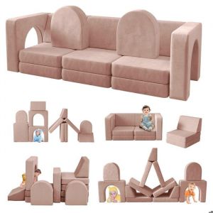Canap&eacute; Lit Enfant Convertible 13 Modules Futon Pliable pour Chambre et Salle de Jeux (Rose)