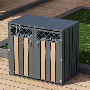 Cache Poubelles de Jardin pour 2 poubelles standard Couvercle &agrave; Rabat Porte Verrouillable M&eacute;tal Gris + Bois