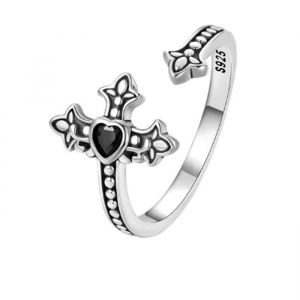 Bague Croix Gothique C&oelig;ur en Argent 925 &ndash; R&eacute;glable  Pierre Noire  Style Rock Unisexe