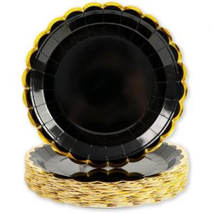 ASSIETTE JETABLE-KAL-Assiettes Jetables Festonn&eacute;es 50 Pi&egrave;ces 23cm Noir Or Barbecue Anniversaire Baby Shower