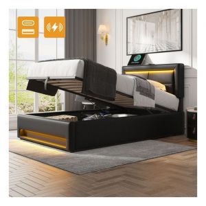 lit 1 personne 90x200 cm avec Port USB Lit Adulte avec &eacute;Clairage LED et Espace de Rangement Cadre de Lit avec T&ecirc;Te de Lit Noir