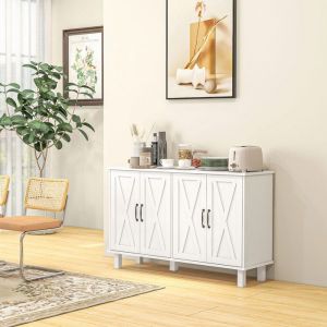 Meuble de rangement buffet bas 4 portes avec &eacute;tag&egrave;res r&eacute;glables en hauteur style campagne longueur 120 cm blanc