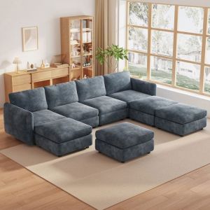 Canap&eacute; d&rsquo;Angle Modulable 8 Places en Tissu Canap&eacute; Panoramique avec M&eacute;ridienne et Poufs Salon Moderne Bleu Confort