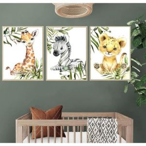 Lot de 3 Affiche Animaux Safari Poster Jungle Girafe Zebre Lion Tableau Murale 30x40 Enfant Bebe Chambre Toile Decoration sans
