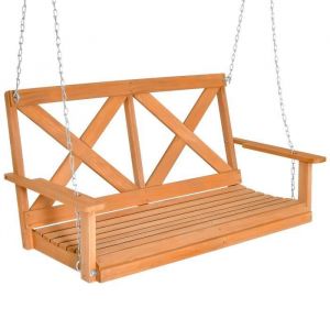 DREAMADE Banc Suspendu 2 Places en Bois Balancelle de Jardin avec Accoudoirs Dossier Haut Chaînes Réglables pour Extérieur