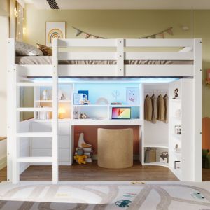 Lit mezzanine 140 x 200 cm -Lit adulte 140 x 200 cm avec LED armoire bureau et 3 tiroirs pin blanc