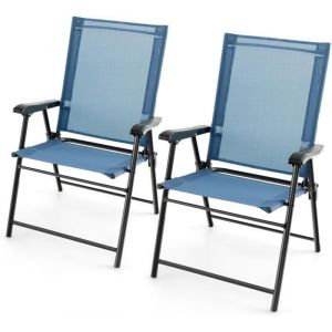 GOPLUS Lot de 2 Chaises de Jardin Pliantes avec Accoudoirs-Tissu Respirant & Cadre Métallique Solide-Chaises Portables LégèresBleu