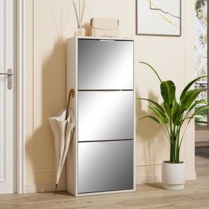 GOOBUY Armoire &agrave; Chaussures Inclinable 50cm &Eacute;tag&egrave;re &agrave; Chaussures avec 3 Compartiments Surface Miroir &Eacute;tag&egrave;re R&eacute;glable Blanc