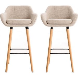 Tabouret de bar en tissu pieds en bois massif QIQI® - Lot de 2 - Scandinave - Moderne - Beige - Gris