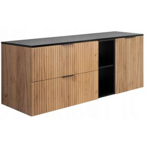 Meuble pour Vasque à Poser 80 cm FLOW - Façades rainurées - avec plan de travail et étagère - Chêne/Noir - 140 x 57 x 46 cm