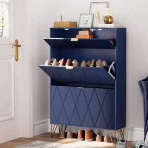 GOOBUY Armoire à Chaussure Inclinable Meuble à Chaussures pour 16 Paires 3 Compartiments (80 x 24 x 120 cm Bleu Marine)
